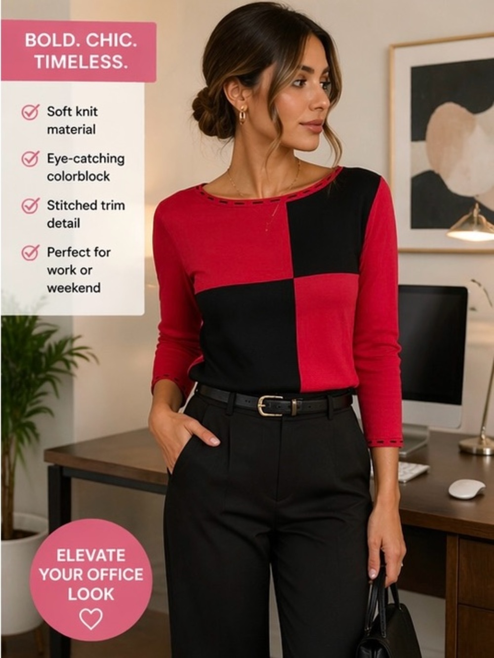 FINITY Pink & Black Colorblock Knit Top | Size Medium | Chic Office / Casual